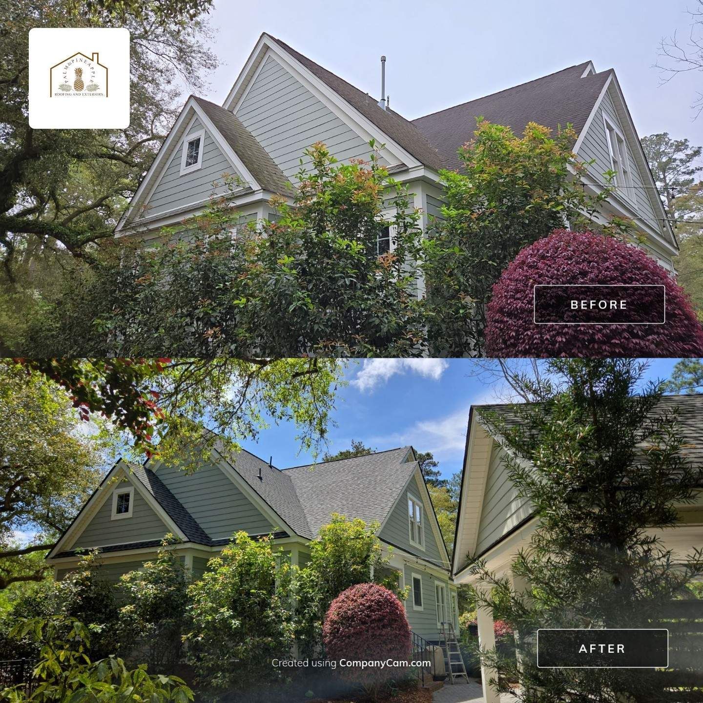 Split view of a house before and after a renovation, showing a new roof and exterior paint.