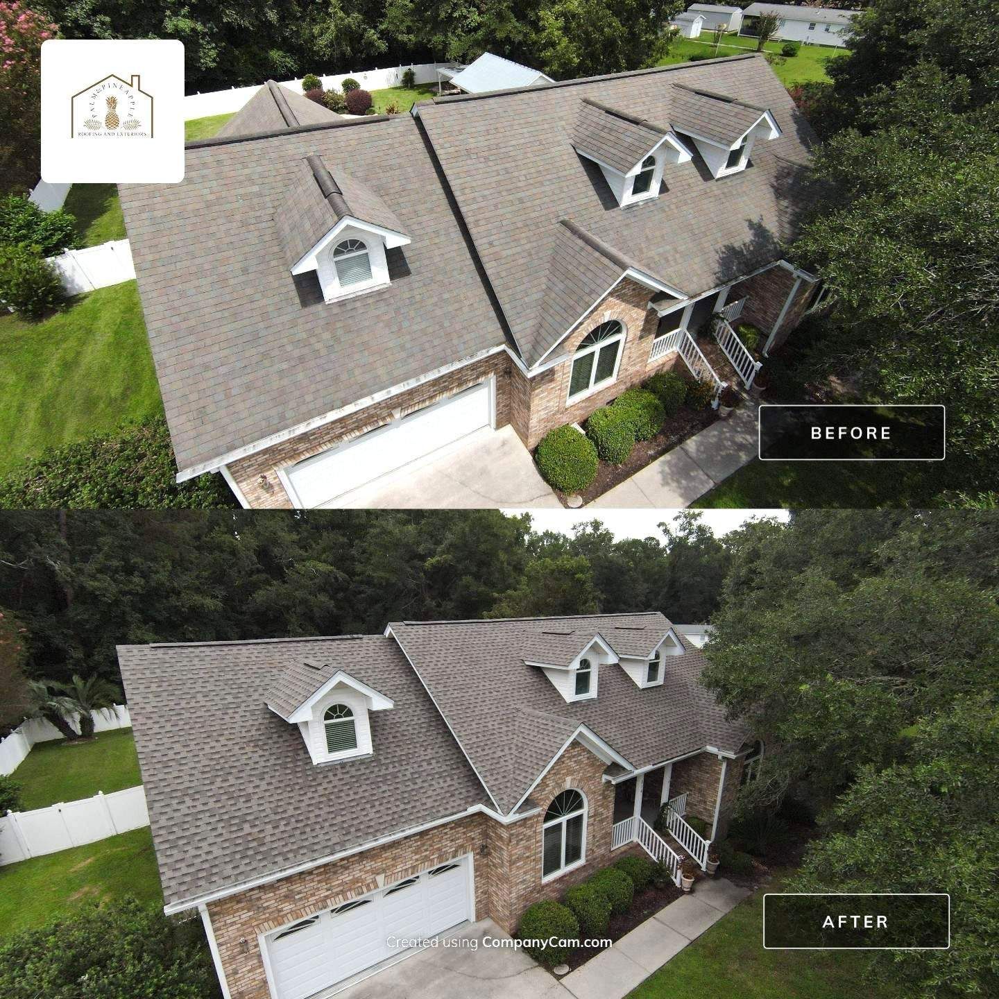 Before and after aerial view of a brick house with new brown roof.