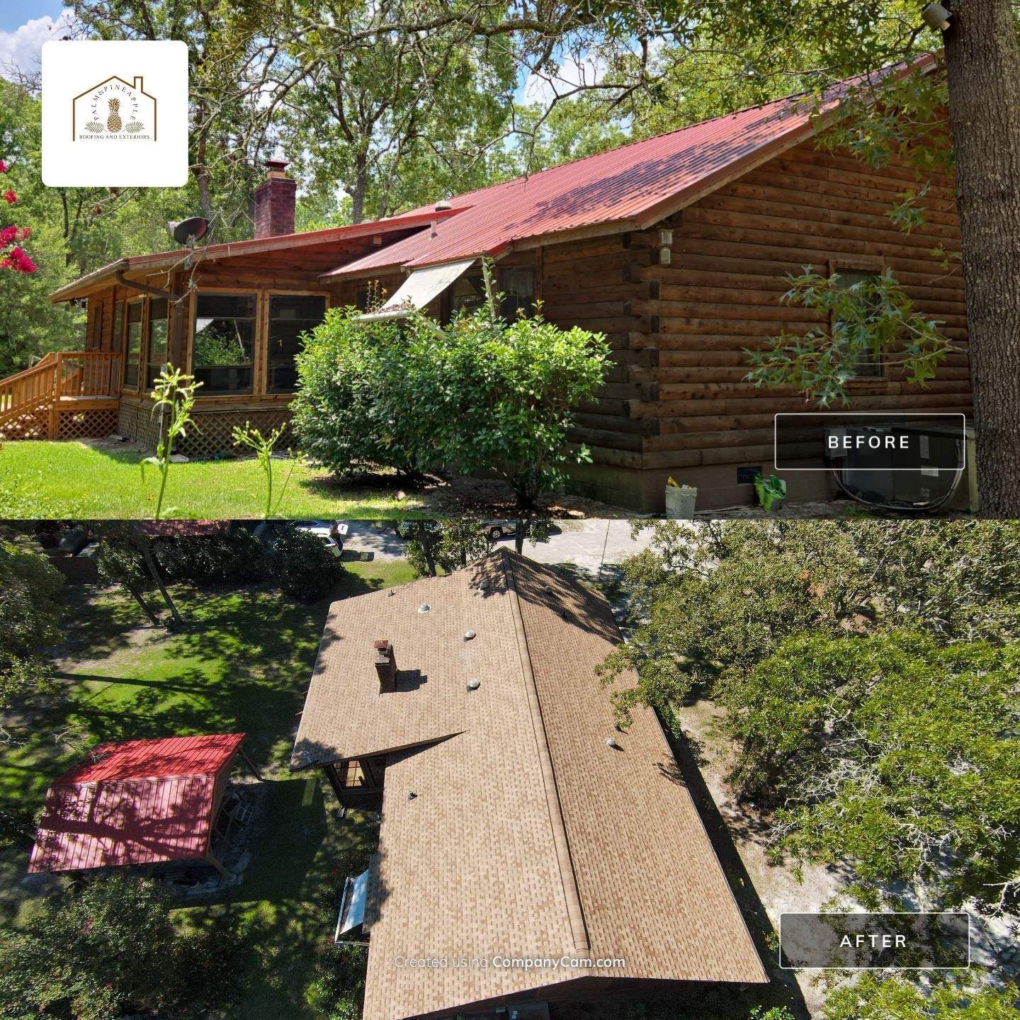 Comparison of a cabin with a red roof before (top) and after (bottom) a roof replacement with brown shingles.