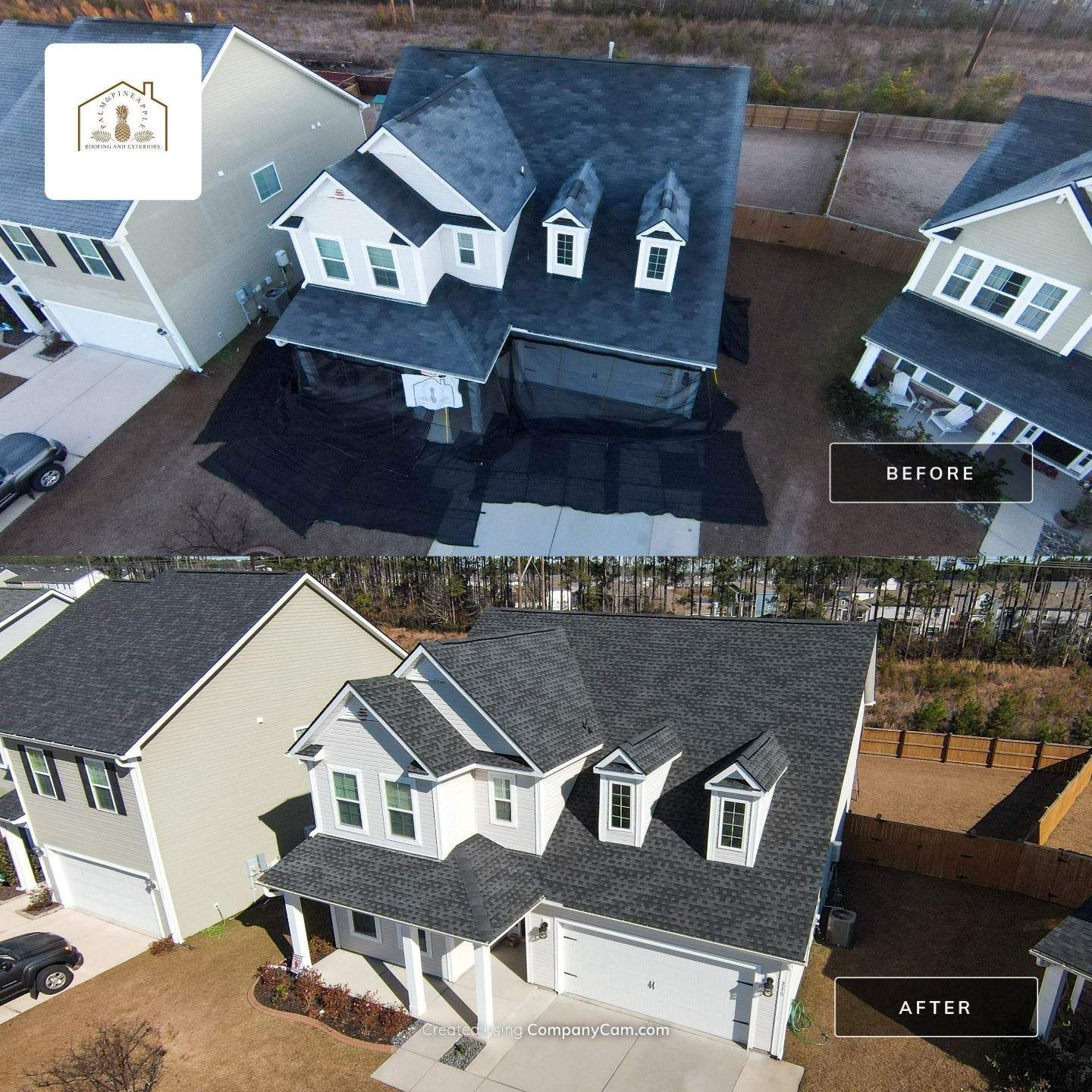 Side-by-side comparison of a house before and after a roof replacement. The “after” has a new roof, white trim, and a porch.