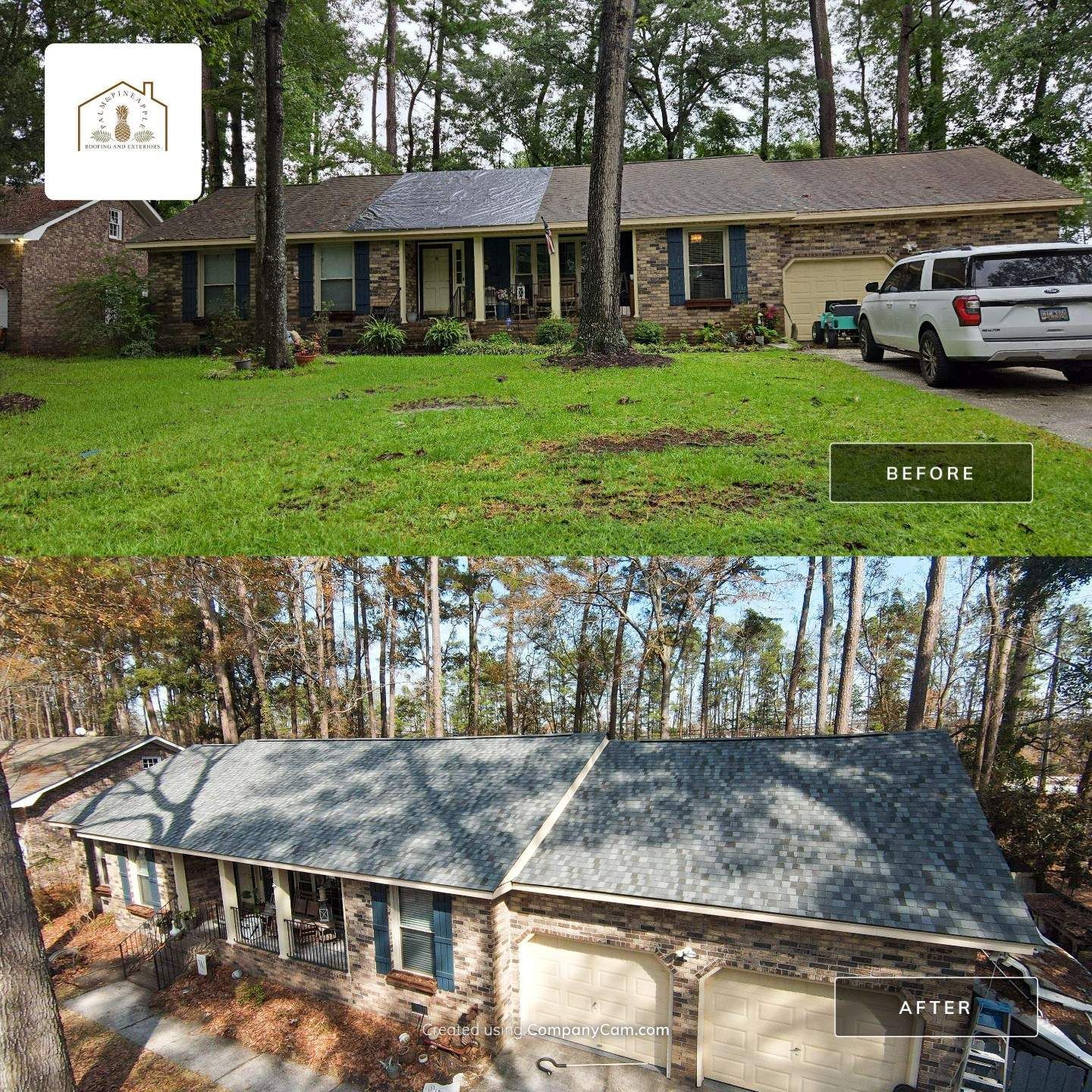 Two images comparing the before/after appearance of a brick house with a new gray roof.