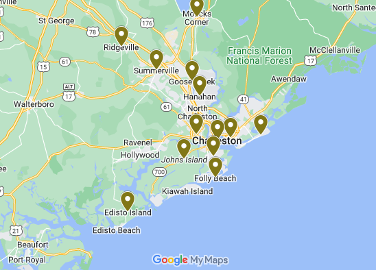 Map of Charleston, South Carolina, with brown location pins.