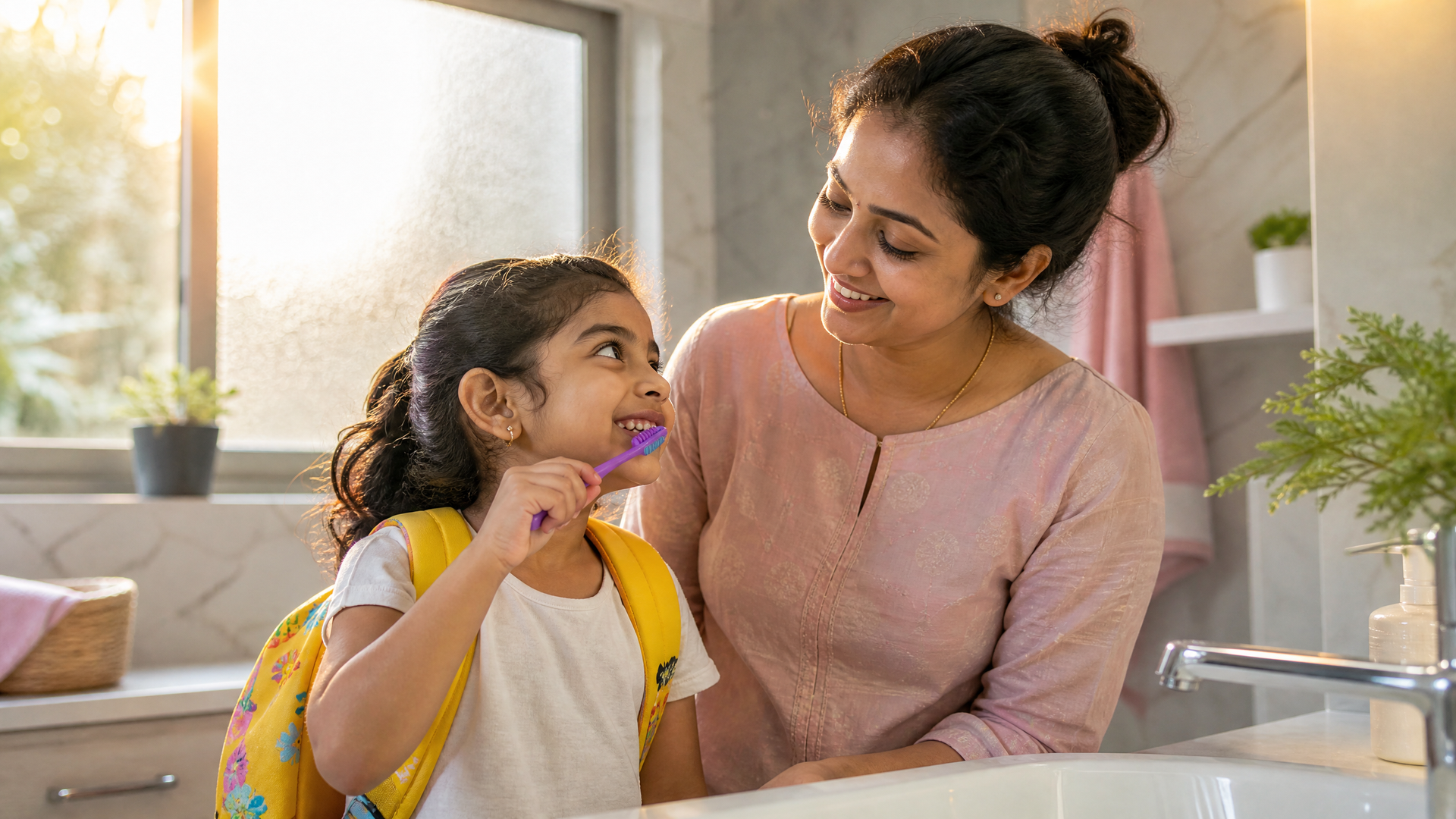 Woman and child brushing teeth together in a bright kitchen by the sink