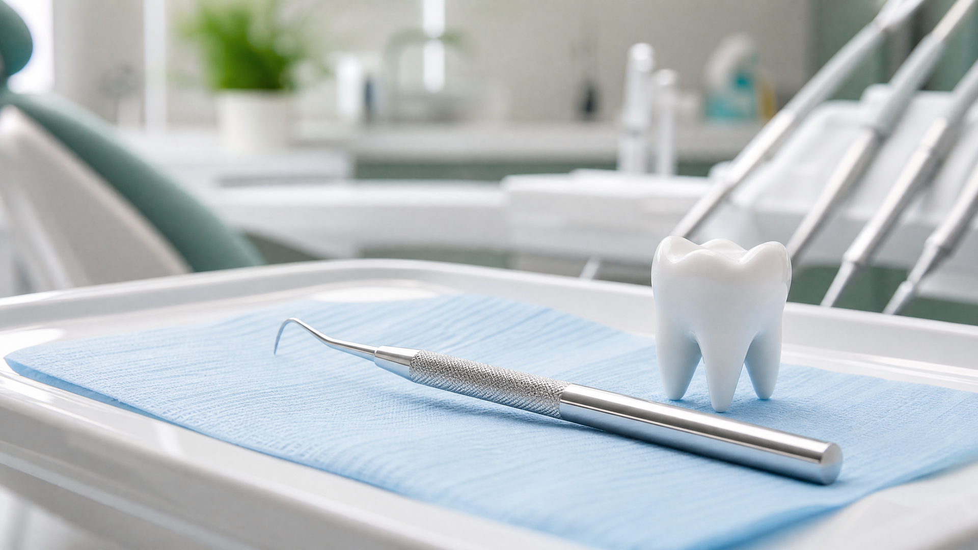 Toothbrush and toothpaste on a blue dental tray in a bright bathroom
