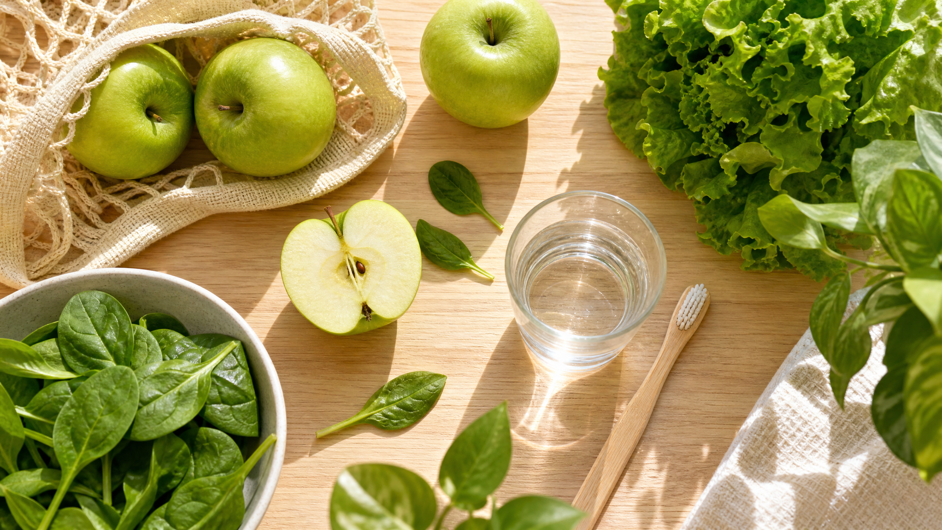 Green apples, spinach, and leafy greens arranged with a glass of water on a sunlit wooden table