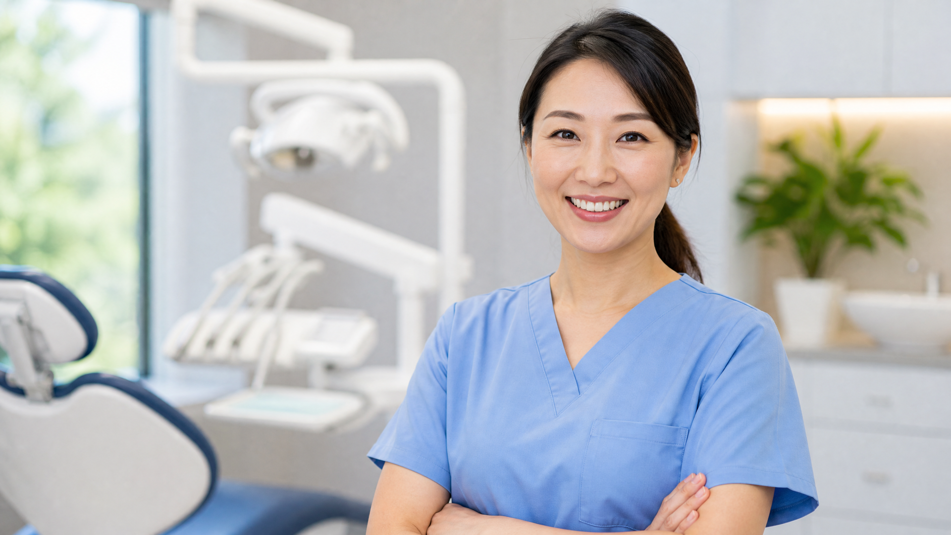 Smiling dental professional in blue scrubs standing in a bright dental clinic