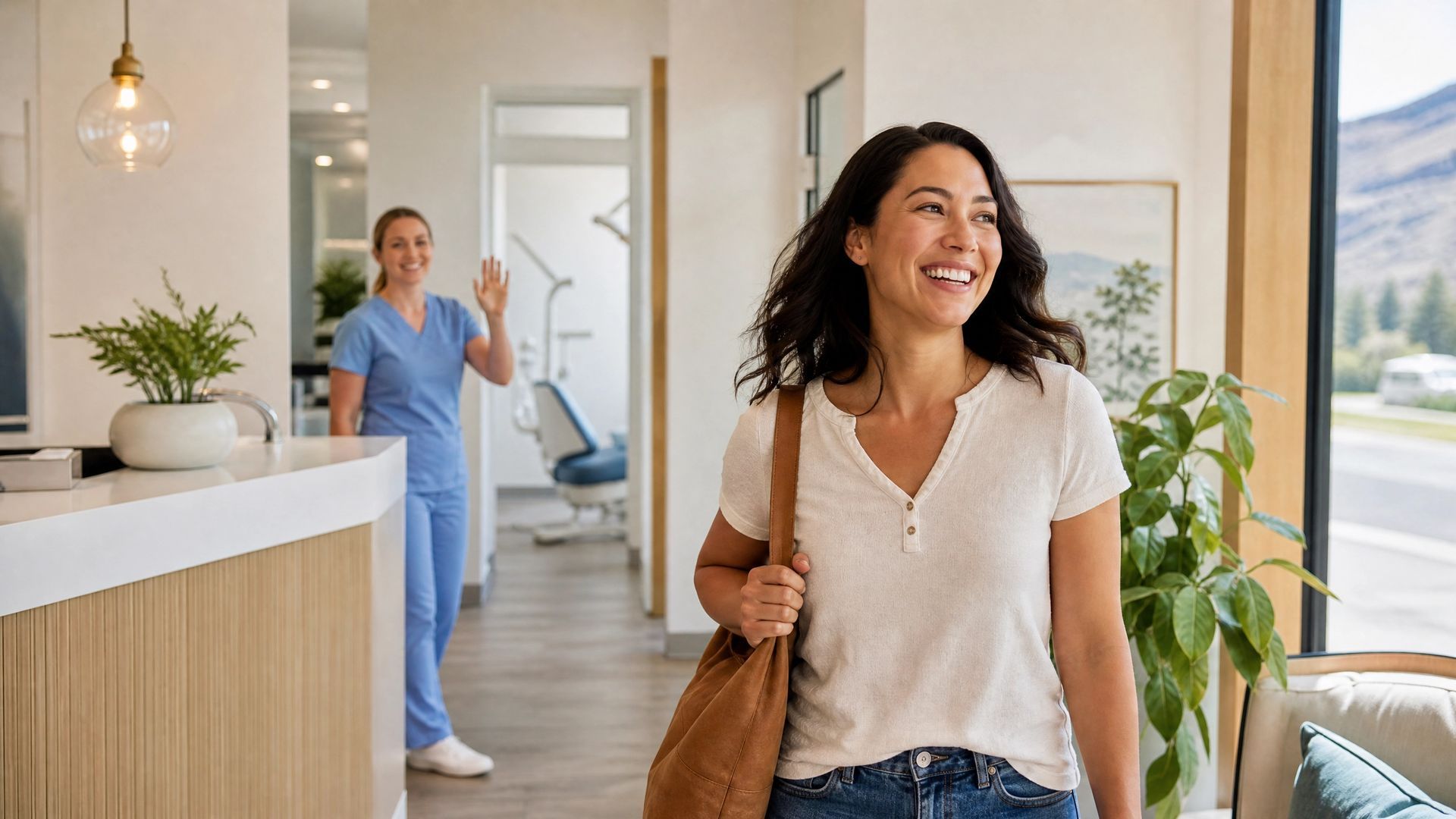 Woman walking into a bright clinic lobby while a receptionist waves in the background.