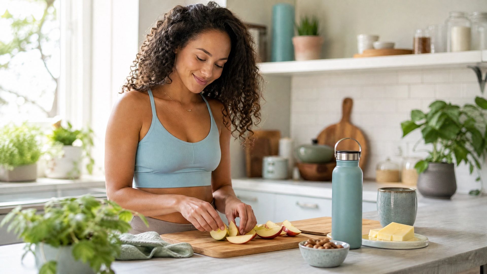 Person slicing fruit on a kitchen counter beside a blue bottle, plant, and jars in a bright kitchen