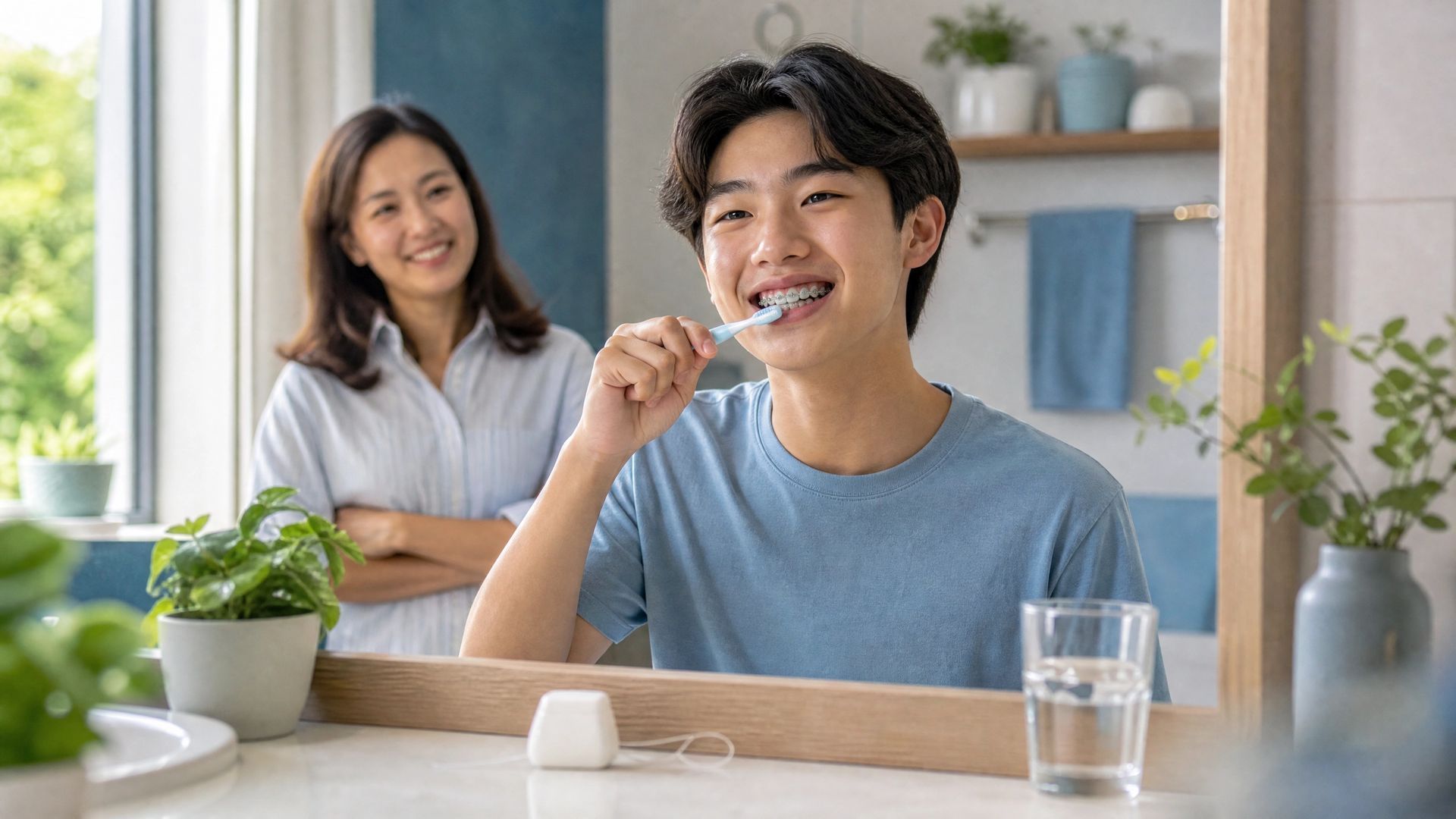 Person brushing teeth in a bright bathroom mirror, with another person standing behind and smiling.