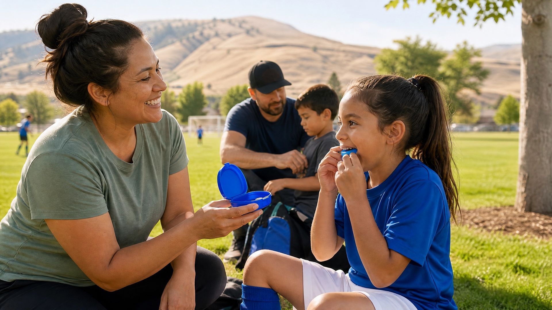 Two people in blue and green shirts sharing a snack on a sunny park bench, with mountains in the background