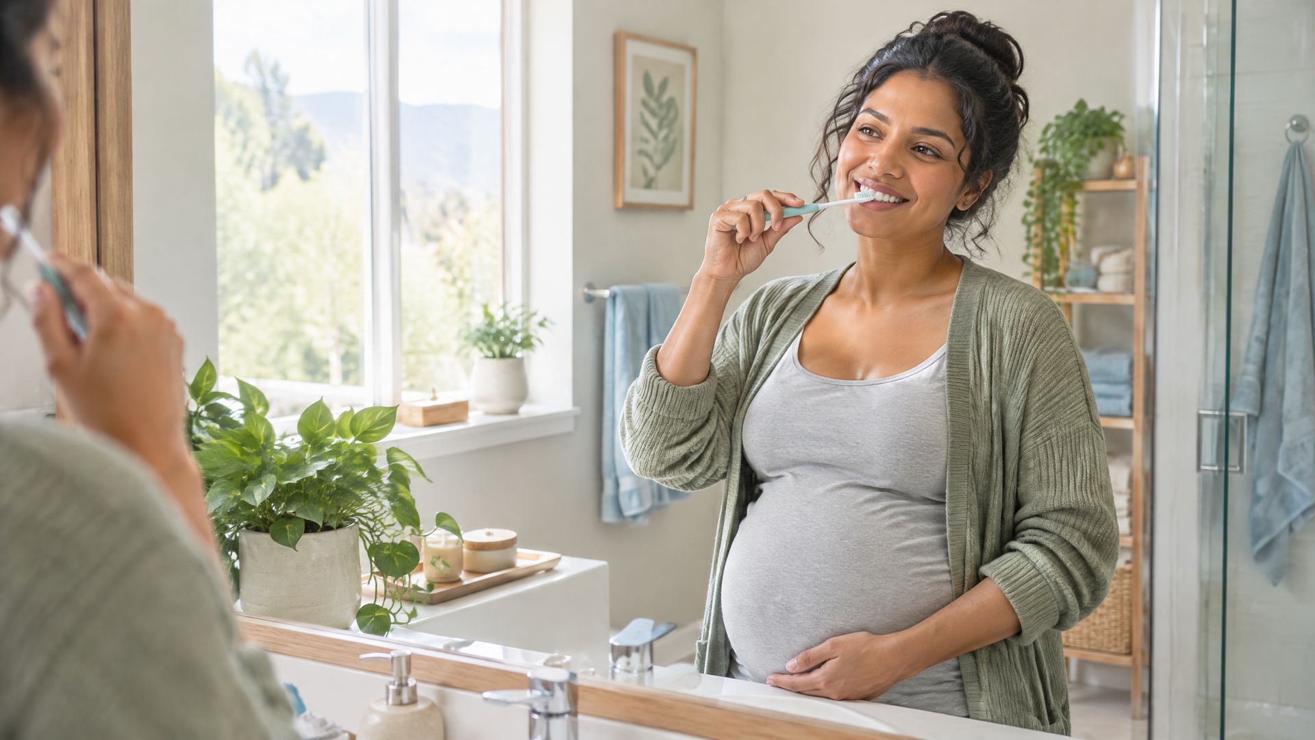 Pregnant woman smiling while brushing teeth in a bright bathroom mirror