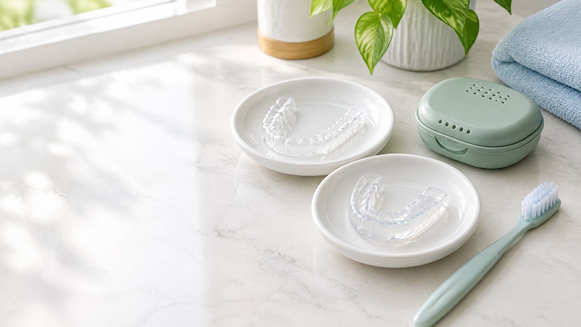 White bathroom counter with two white soap dishes, green soap case, toothbrush, towel, and plant in sunlight