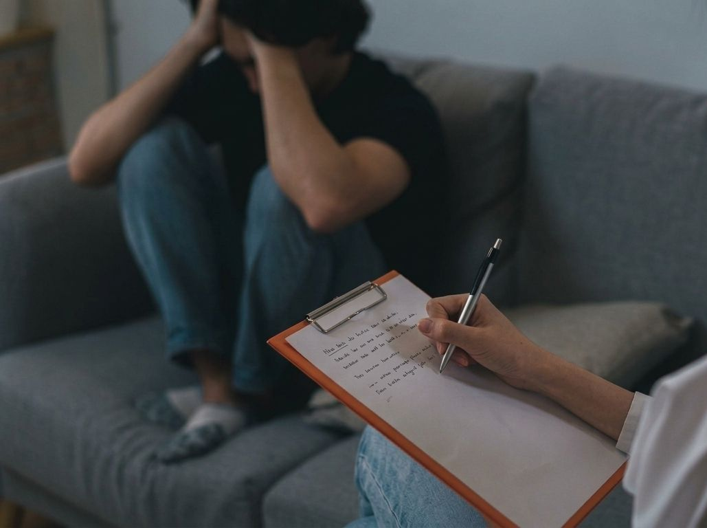 Therapist taking notes while a seated person talks on a gray couch