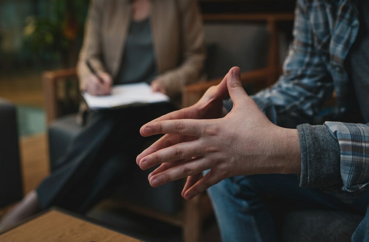 Hands clasped during a conversation in a casual indoor setting, with a person taking notes nearby