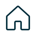 Outline of a house with a teal roof and walls, showing a home icon with an open doorway