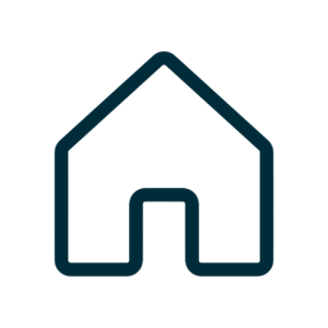 Outline of a house with a teal roof and walls, showing a home icon with an open doorway