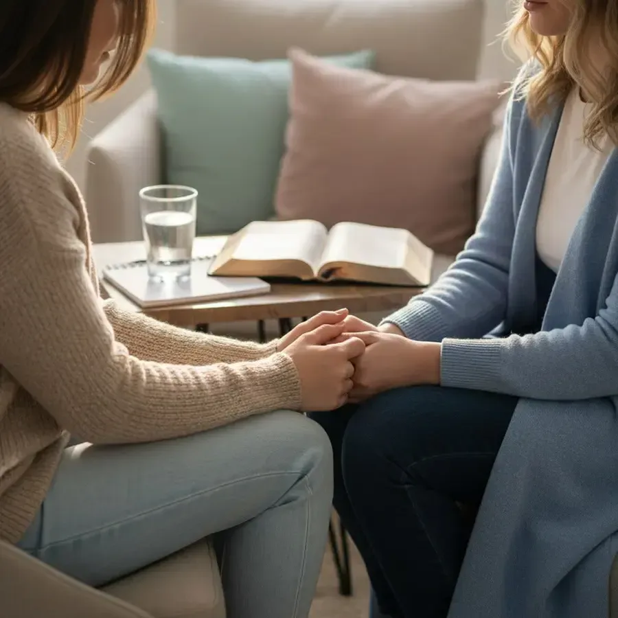 Two women sitting and holding hands doing faith-based therapy