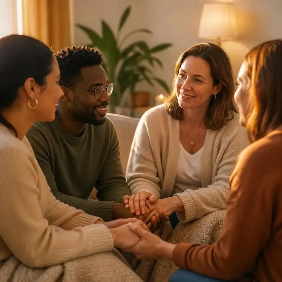 A group of four people sitting down and holding hands