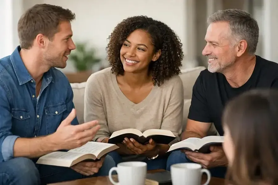 A group of three smiling people holding bibles while sitting down