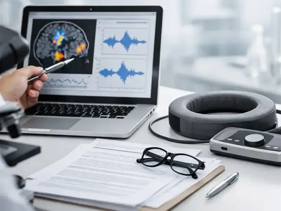 Doctor reviewing brain scan and waveforms on laptop beside medical headset and paperwork