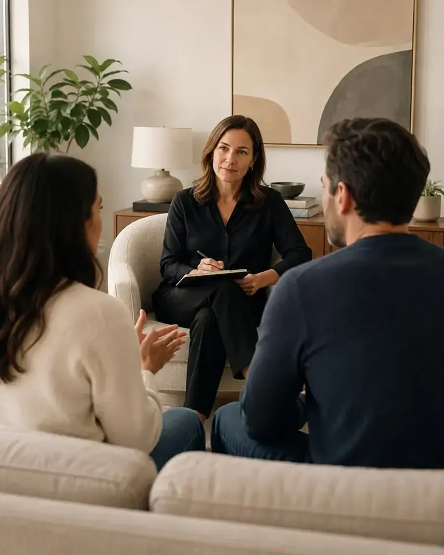 Therapist speaking with two seated clients in a cozy living room office