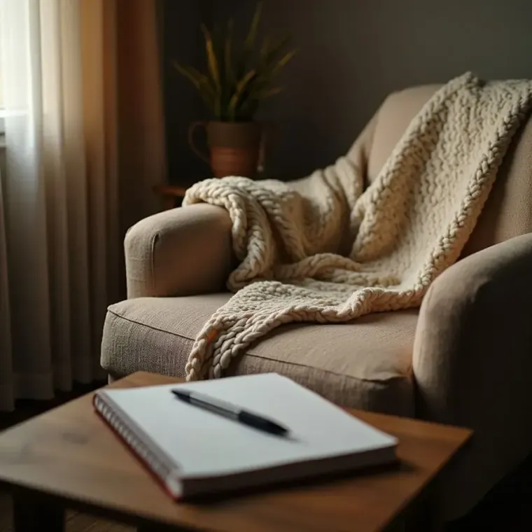 Cozy living room chair with knit throw, notebook, and pen on a wooden table beside a window
