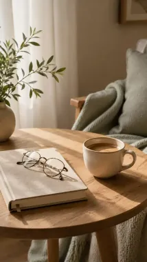 Cozy table with a notebook, eyeglasses, and coffee beside a chair and potted plant by a sunlit window