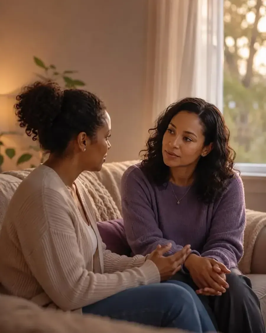 Two women sitting on a couch and talking