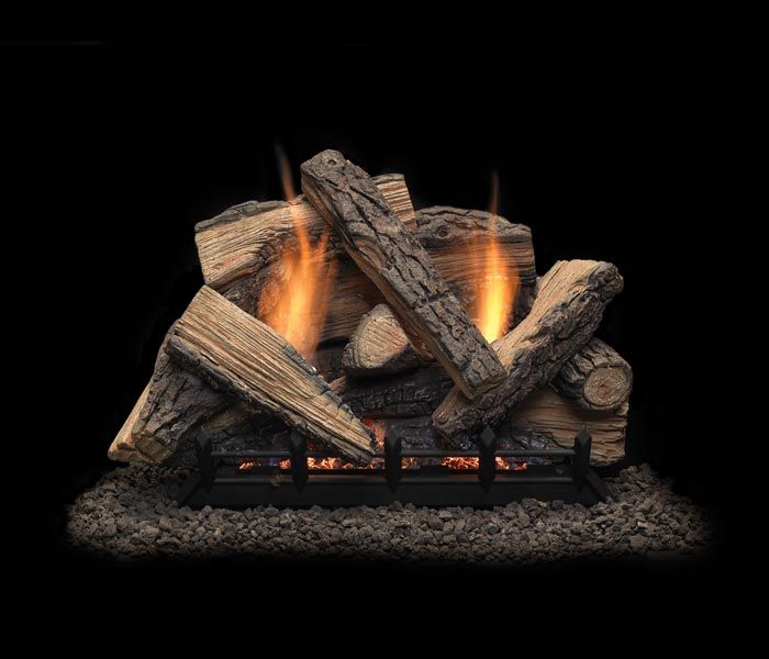 Glowing campfire with stacked logs on a black background