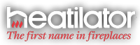 Heatilator logo with slogan “The first name in fireplaces” on a red and gray background