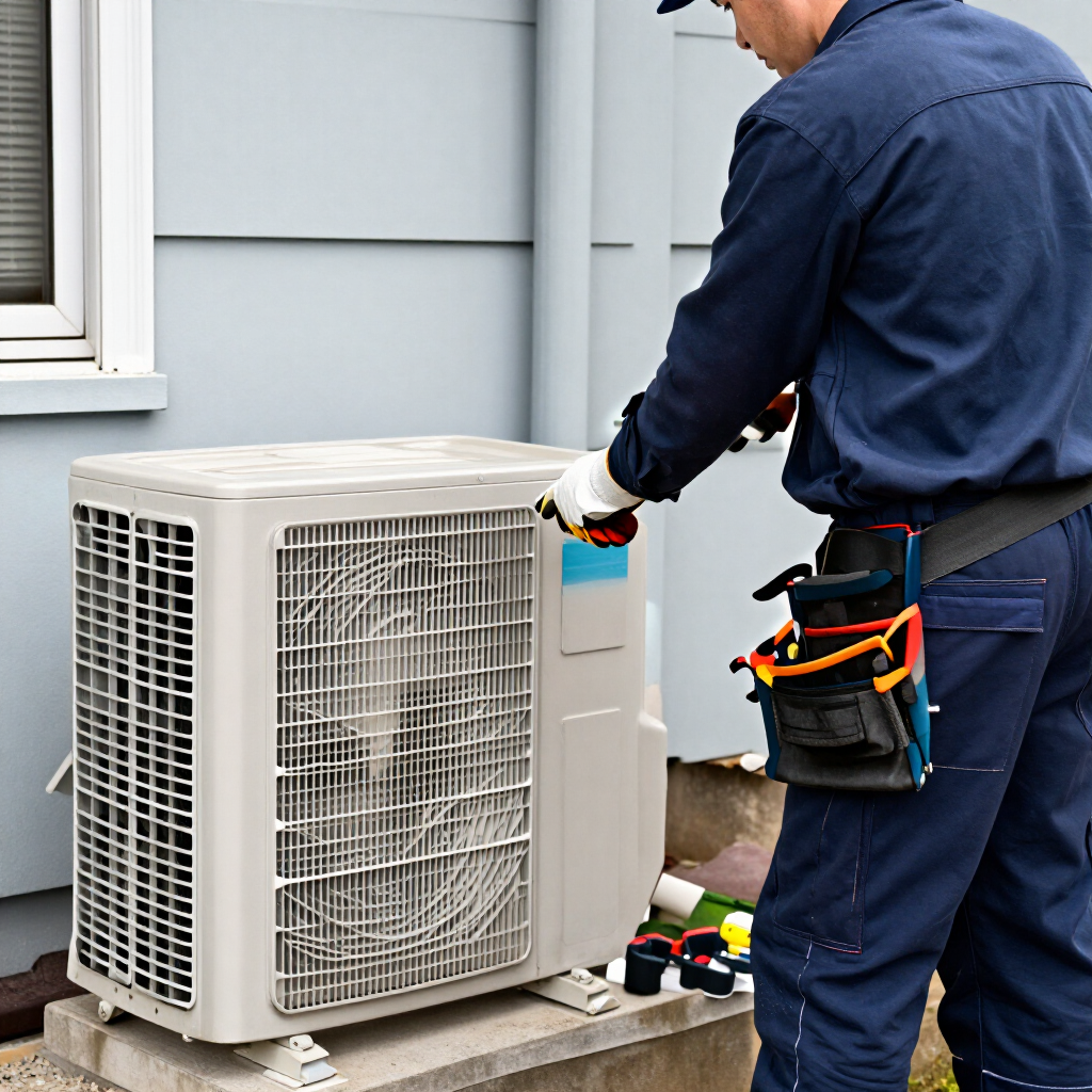 Technician servicing an outdoor air conditioner unit beside a house