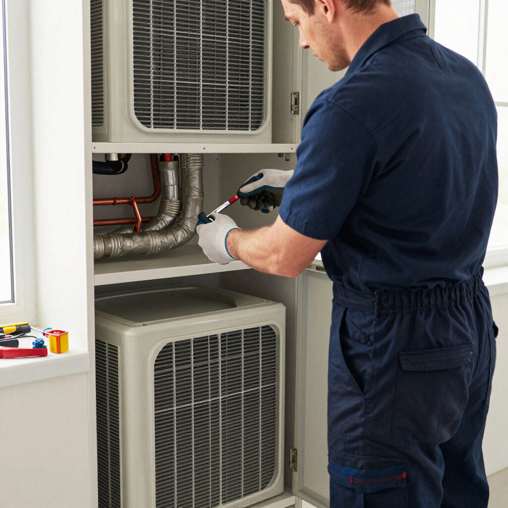 Gloved hands cleaning a dusty HVAC filter inside an air conditioning unit