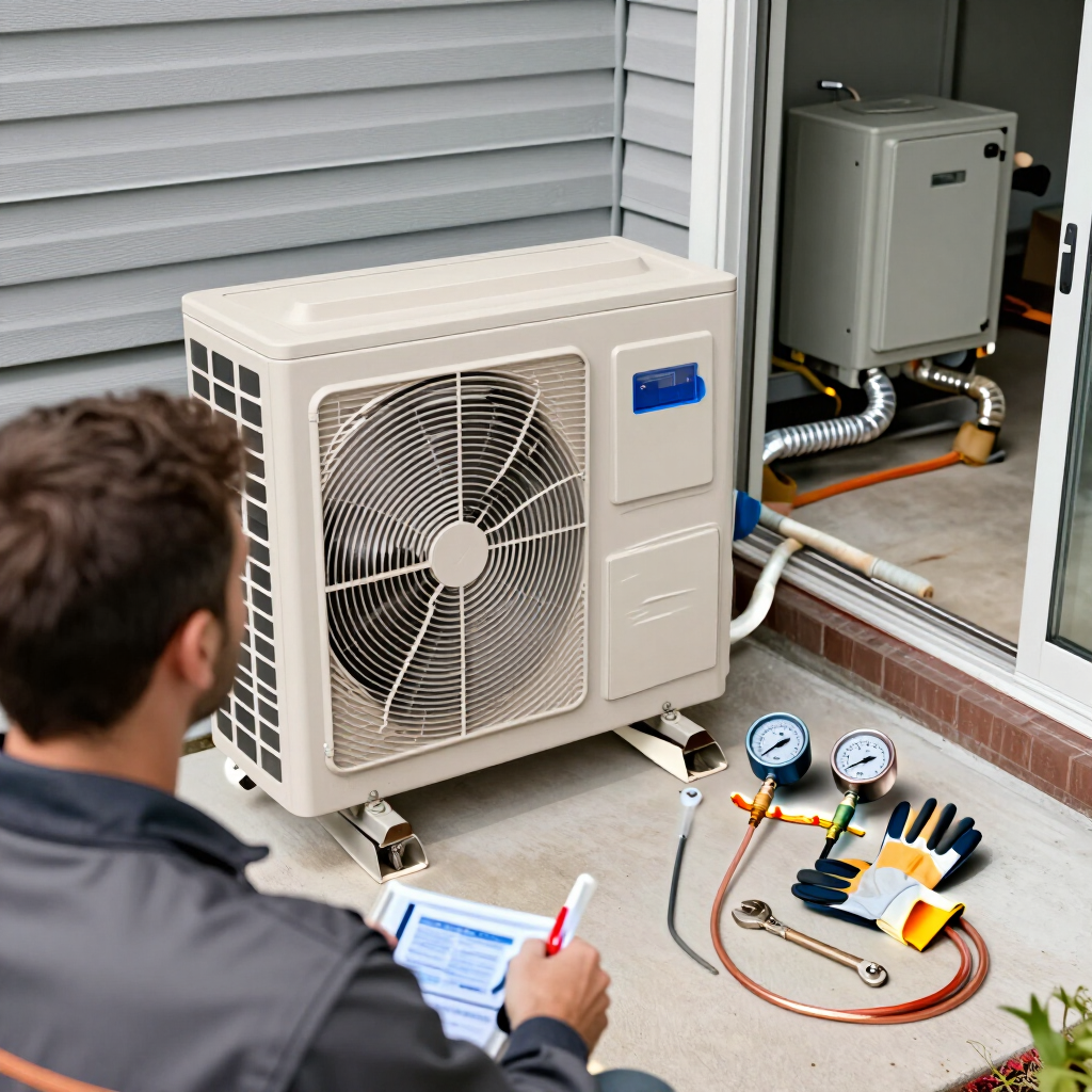 HVAC technician inspecting outdoor AC unit with gauges and tablet beside house