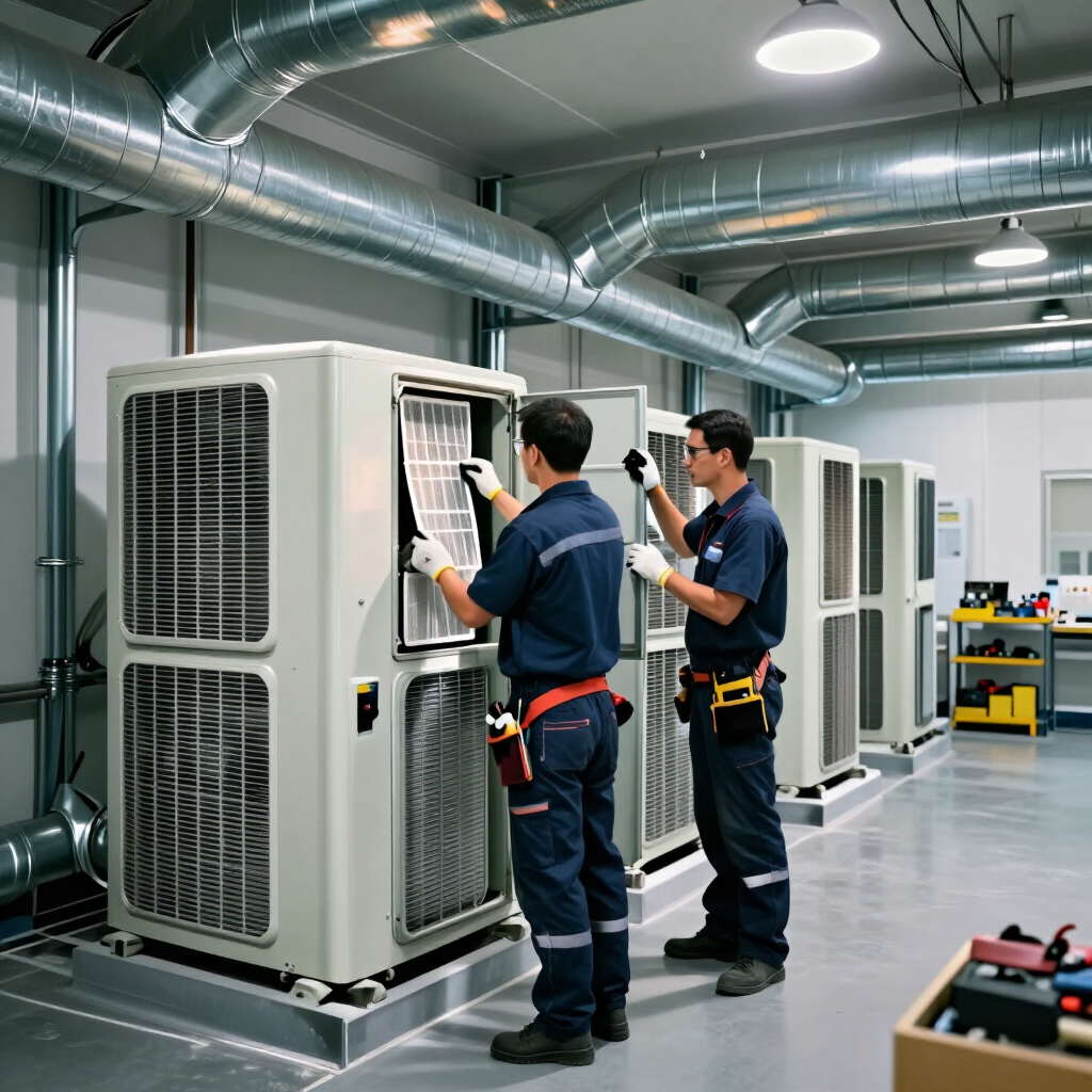 Two technicians inspecting large HVAC units in a clean industrial room