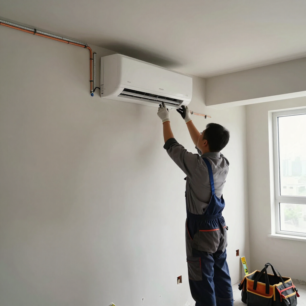 Technician installing a wall-mounted air conditioner in a bright room