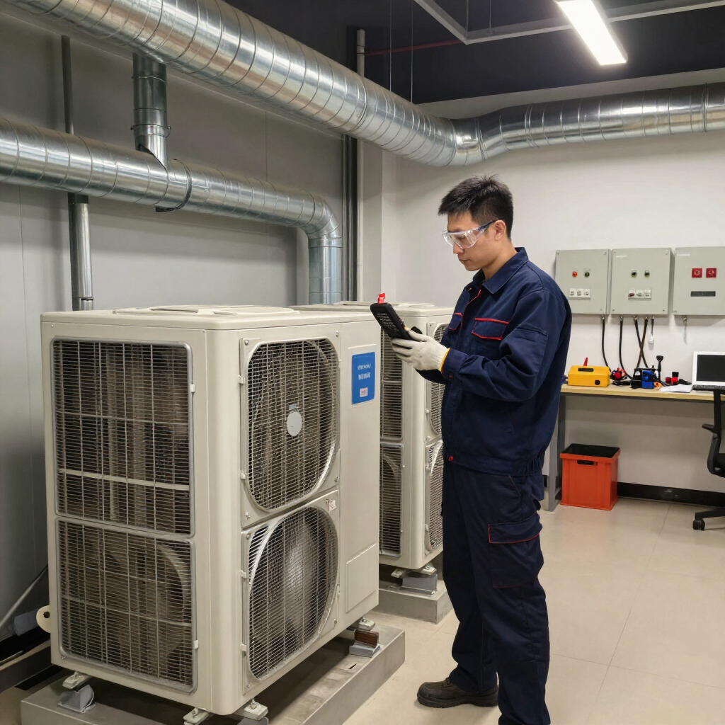 Technician inspecting outdoor HVAC unit in a mechanical room, holding a checklist.