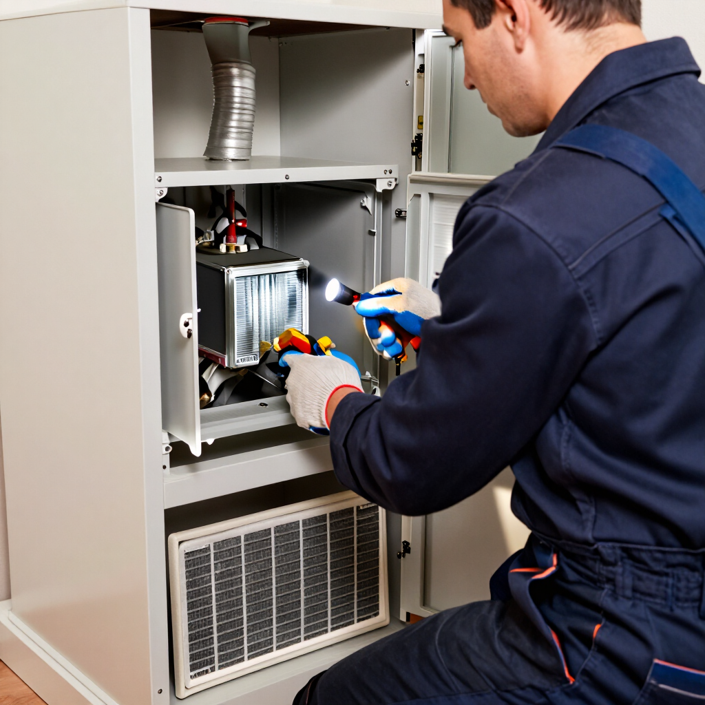 Technician inspecting HVAC unit inside an open metal cabinet with tools.