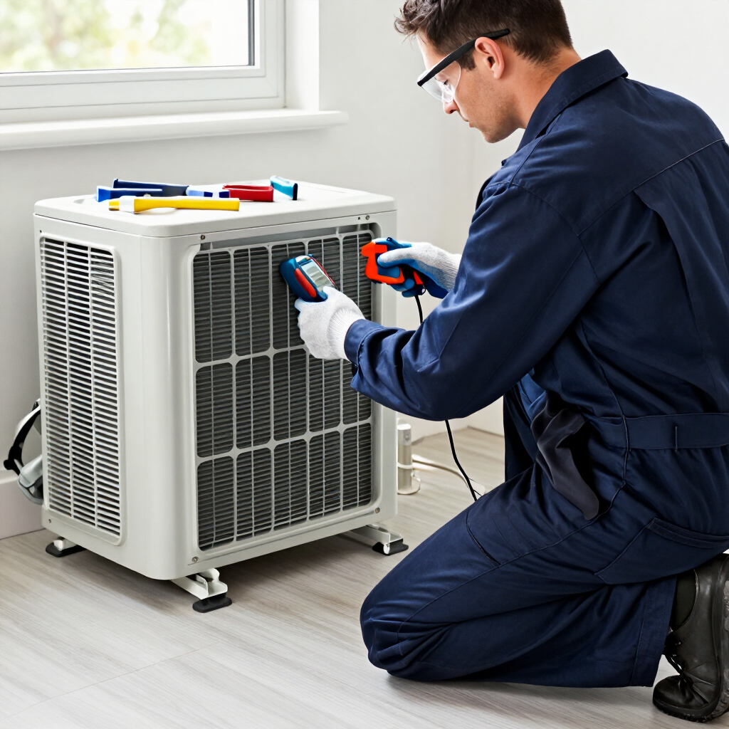 Technician kneeling beside an outdoor HVAC unit, using a multimeter in a bright room.