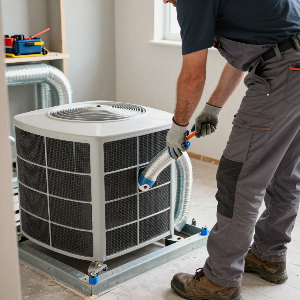 Technician vacuuming an outdoor air conditioner unit with a hose and brush attachment.