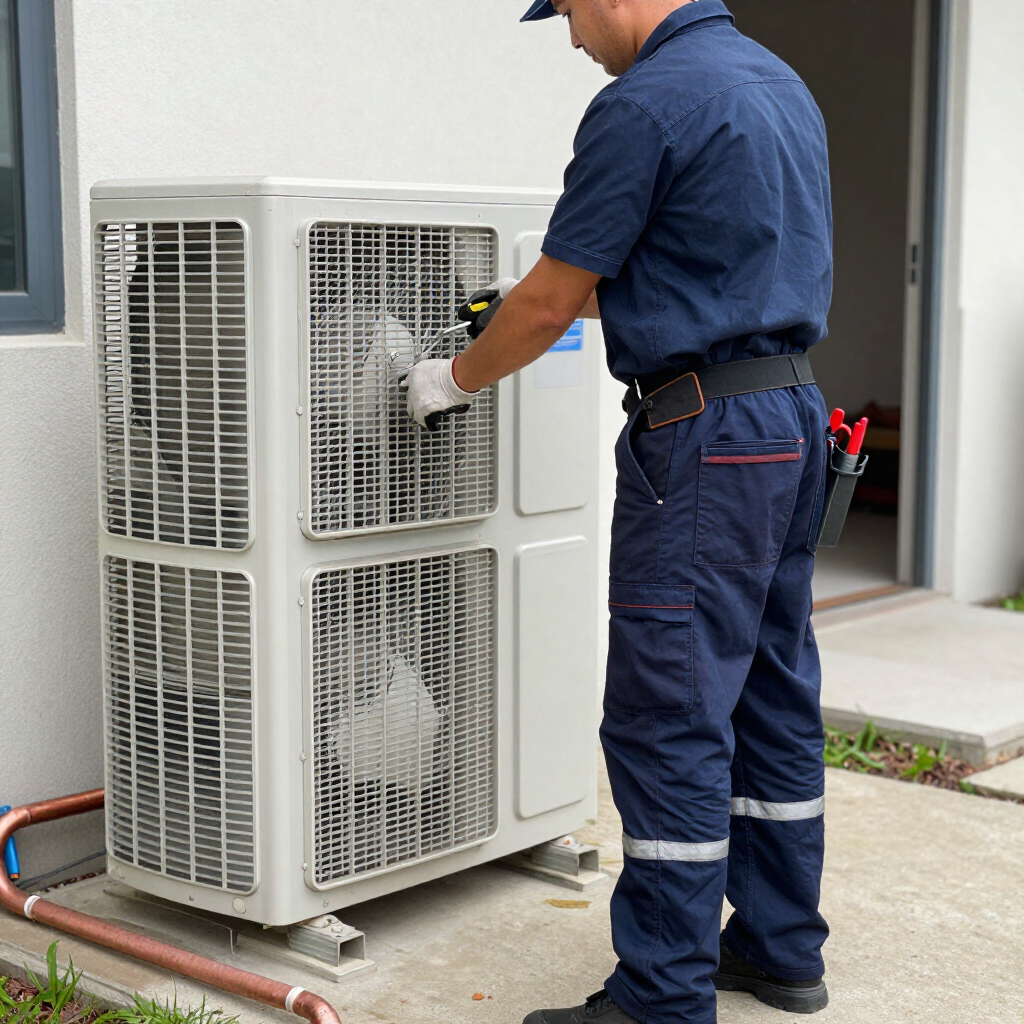 Technician inspecting an outdoor air conditioning unit beside a building