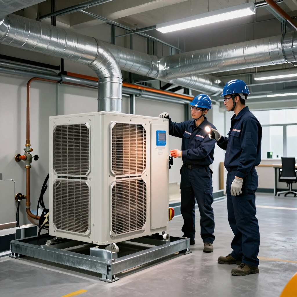 Two technicians inspecting a large HVAC unit in an industrial facility with overhead ducting