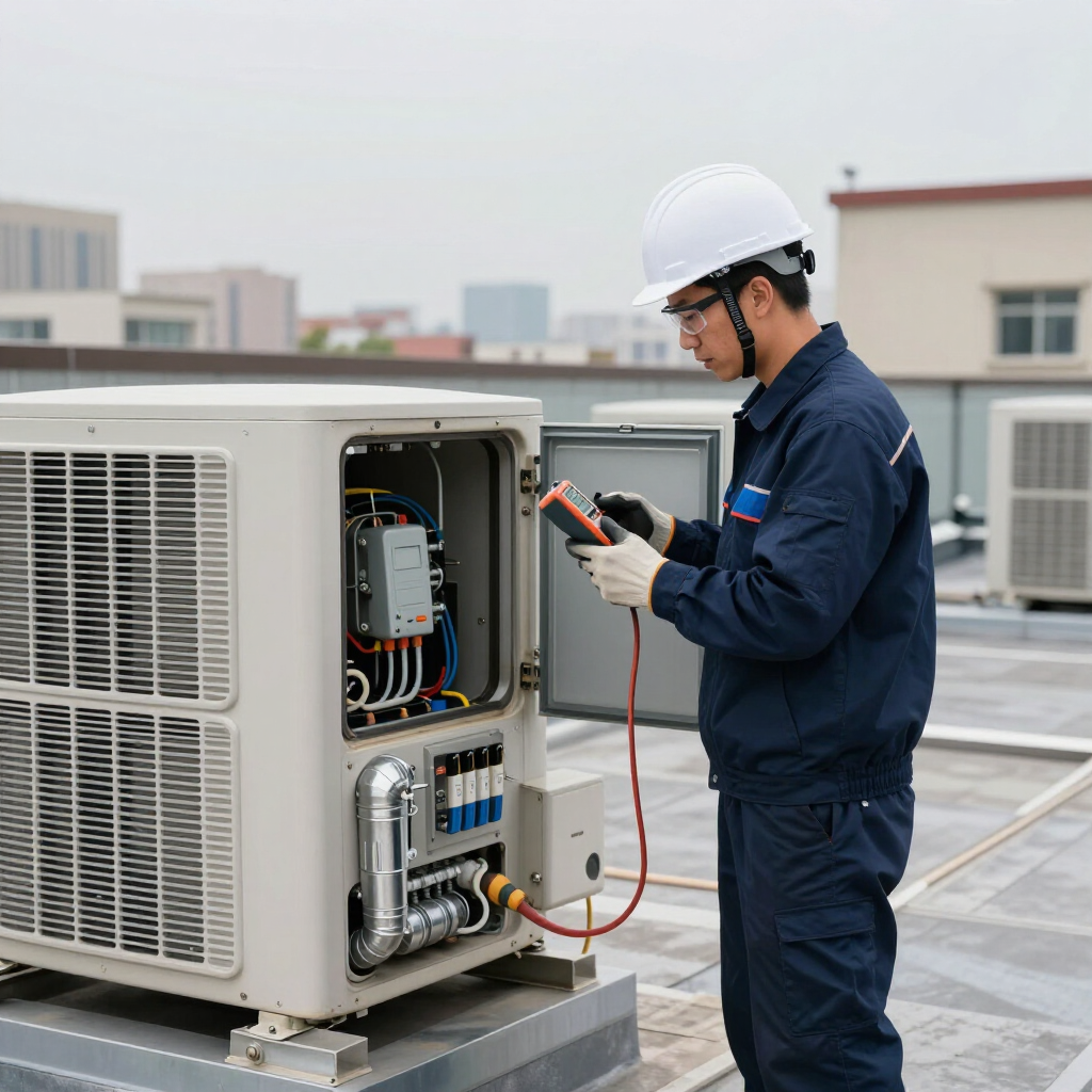 Technician inspecting rooftop HVAC unit with open panel and handheld meter.
