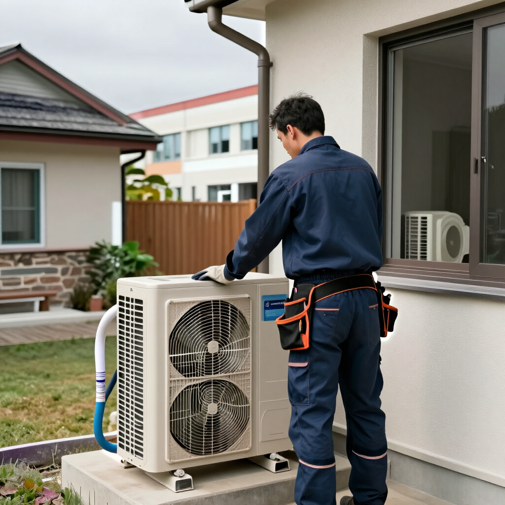 Technician inspecting an outdoor air conditioner unit beside a house.