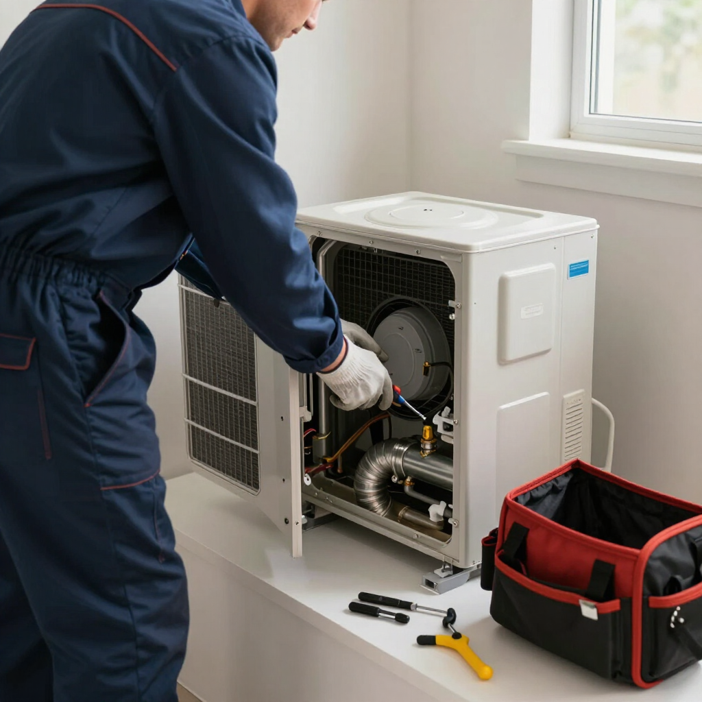 Technician repairing an outdoor HVAC unit beside a window with tools and a red tool bag