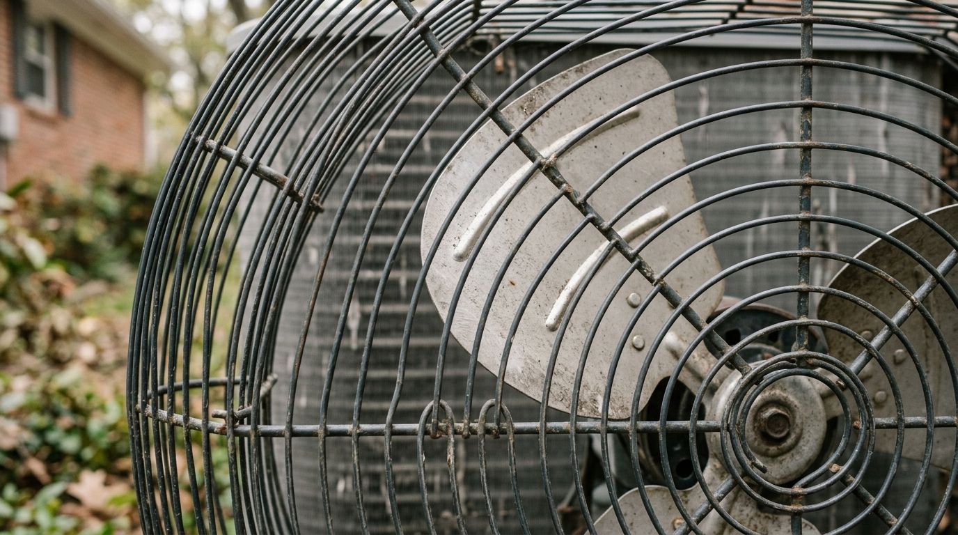 Close-up of a large metal industrial fan with wire grille outdoors near a building and plants