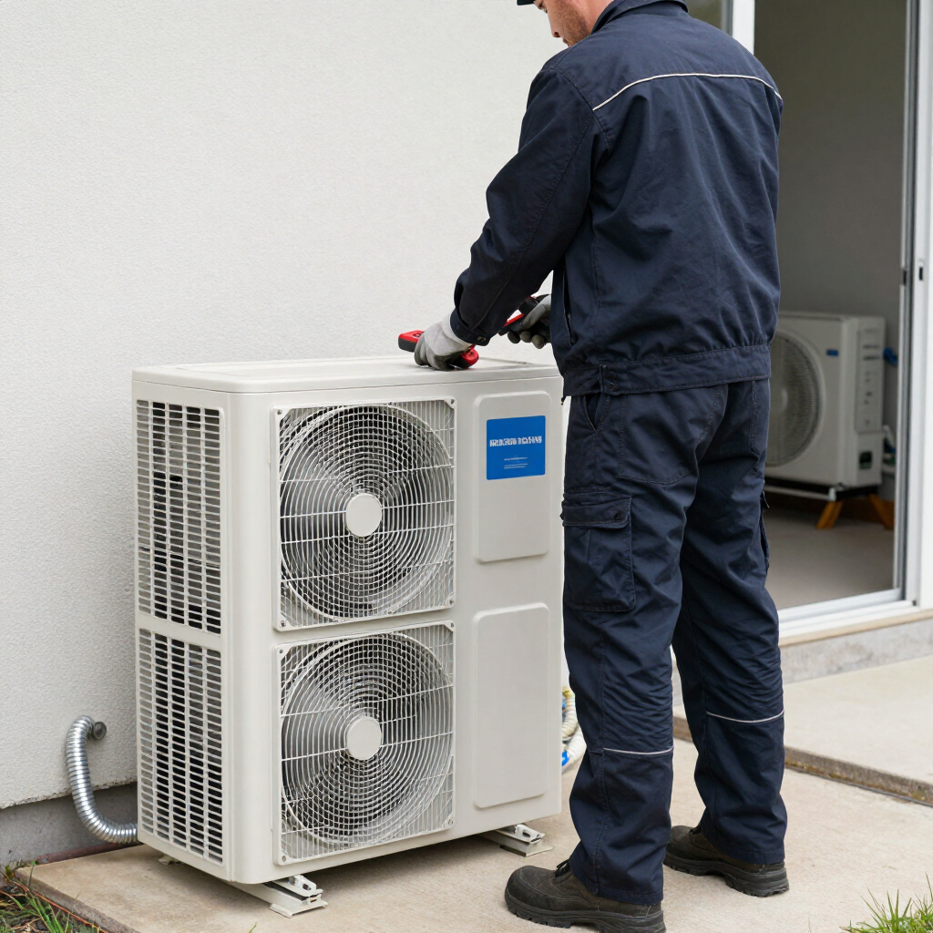 Technician inspecting an outdoor HVAC unit beside a building