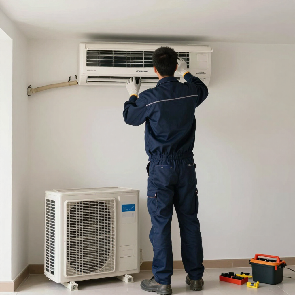 Technician installing a wall-mounted air conditioner above a floor unit, with tools in a room under renovation