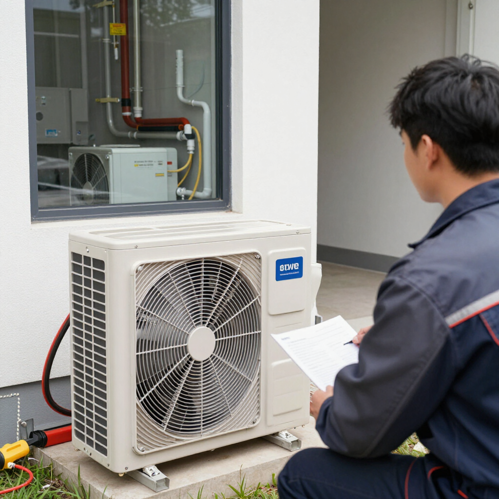 Technician inspecting an outdoor HVAC unit beside a building wall