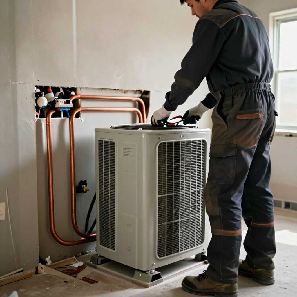 Technician installing a white heat pump unit with exposed copper piping indoors.