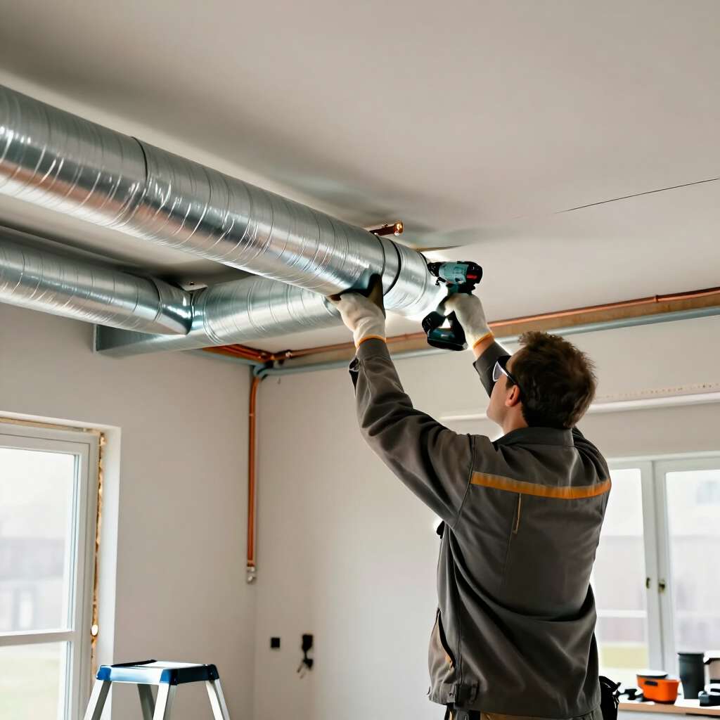 Worker using a power drill to install ductwork in a bright room with exposed ceiling pipes
